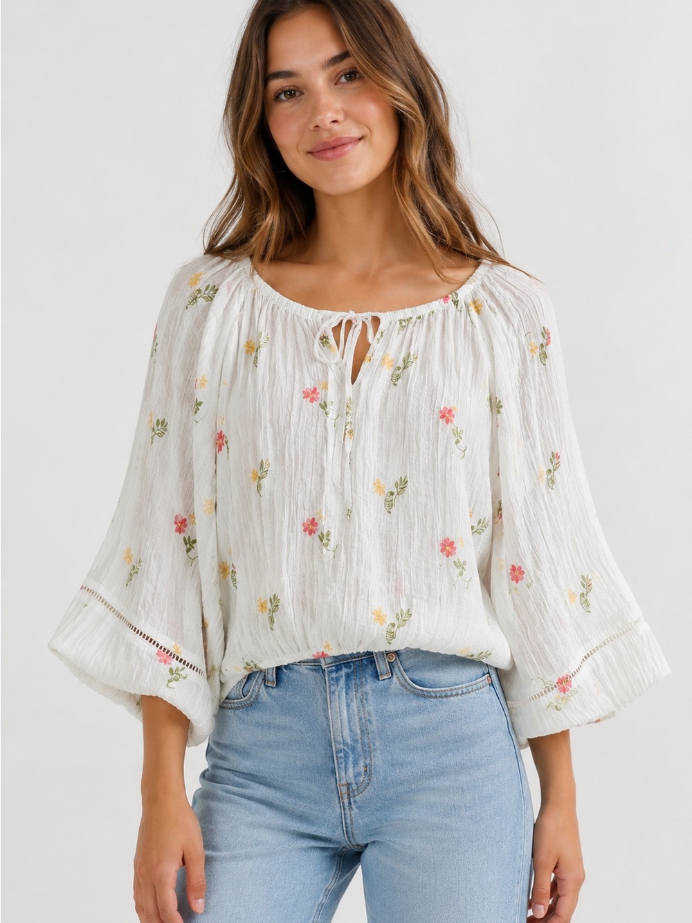 White Floral Tie-Neck Peasant Blouse